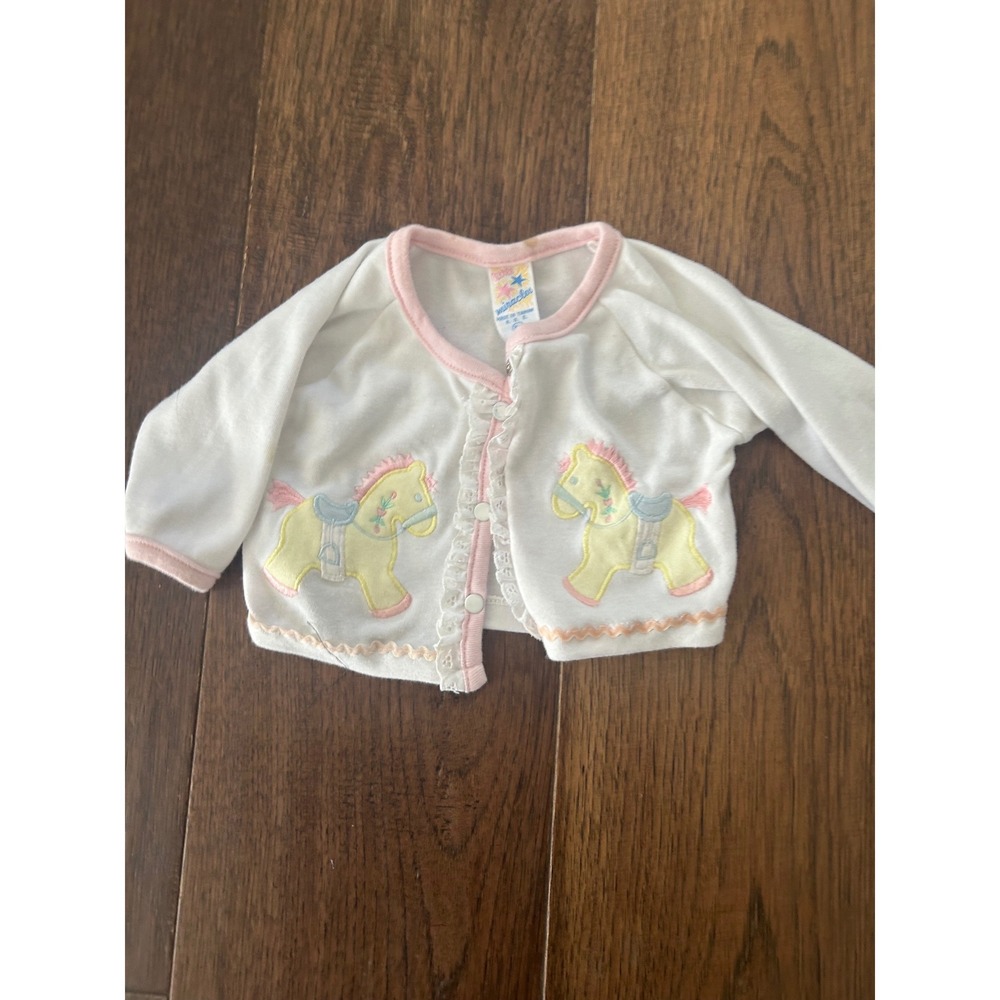 Vintage Little Miracles Baby Cardigan White Rocking Horse Embroidery Lace Trim